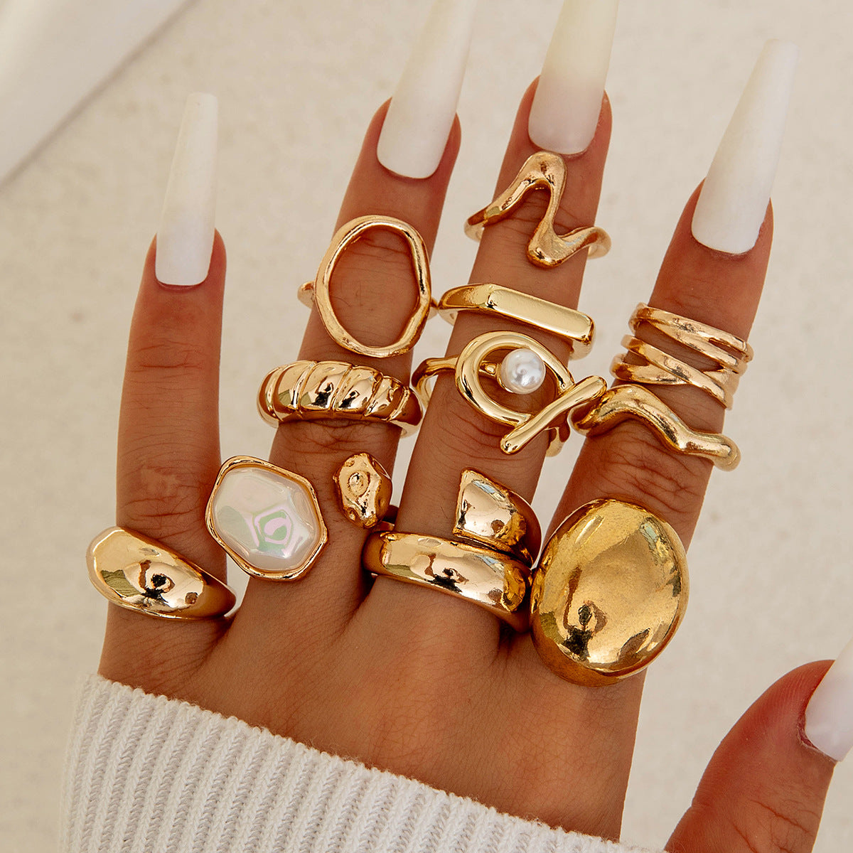 Wholesale Imitation Pearl Irregular Retro Hollow Ring Set